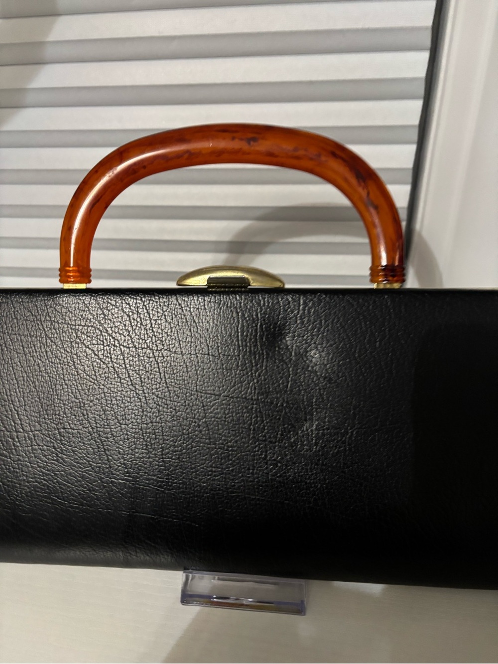Black Leather Top-Handle Bag with Amber Handle - Picture 2 of 9